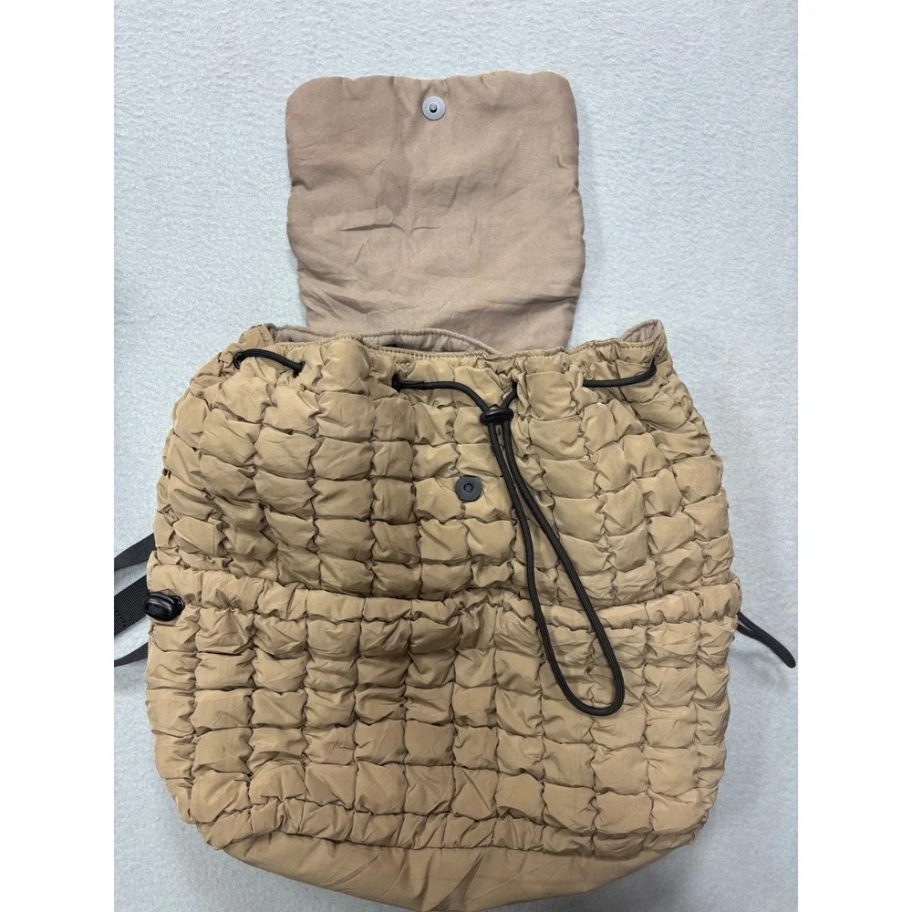Ododos Backpack OS Quilted Puffer Drawstring Flap Tan Khaki Textured Bag